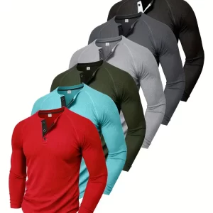 Crew Neck Half Button Long Sleeve Henley Shirt